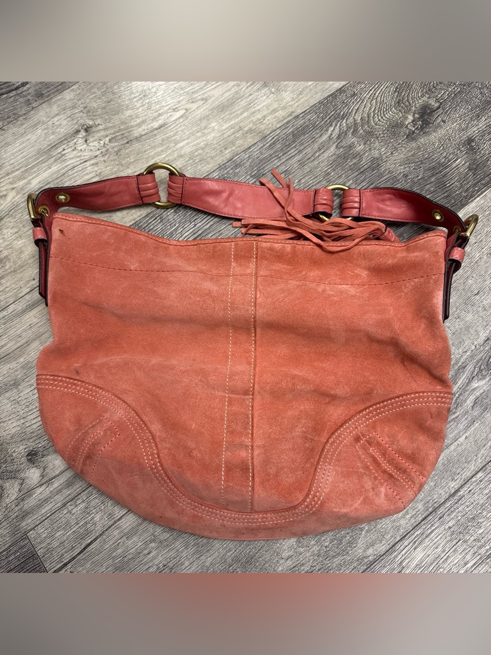 Coach Suede Shoulder Bag in salmon pink with Brick Trim